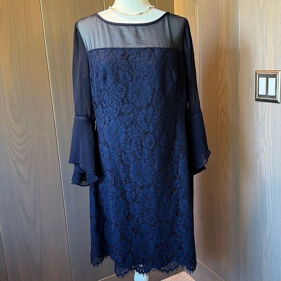 RALPH LAUREN Dress Bell Sleeve Floral Lace Navy *NWT* - Picture 1 of 16